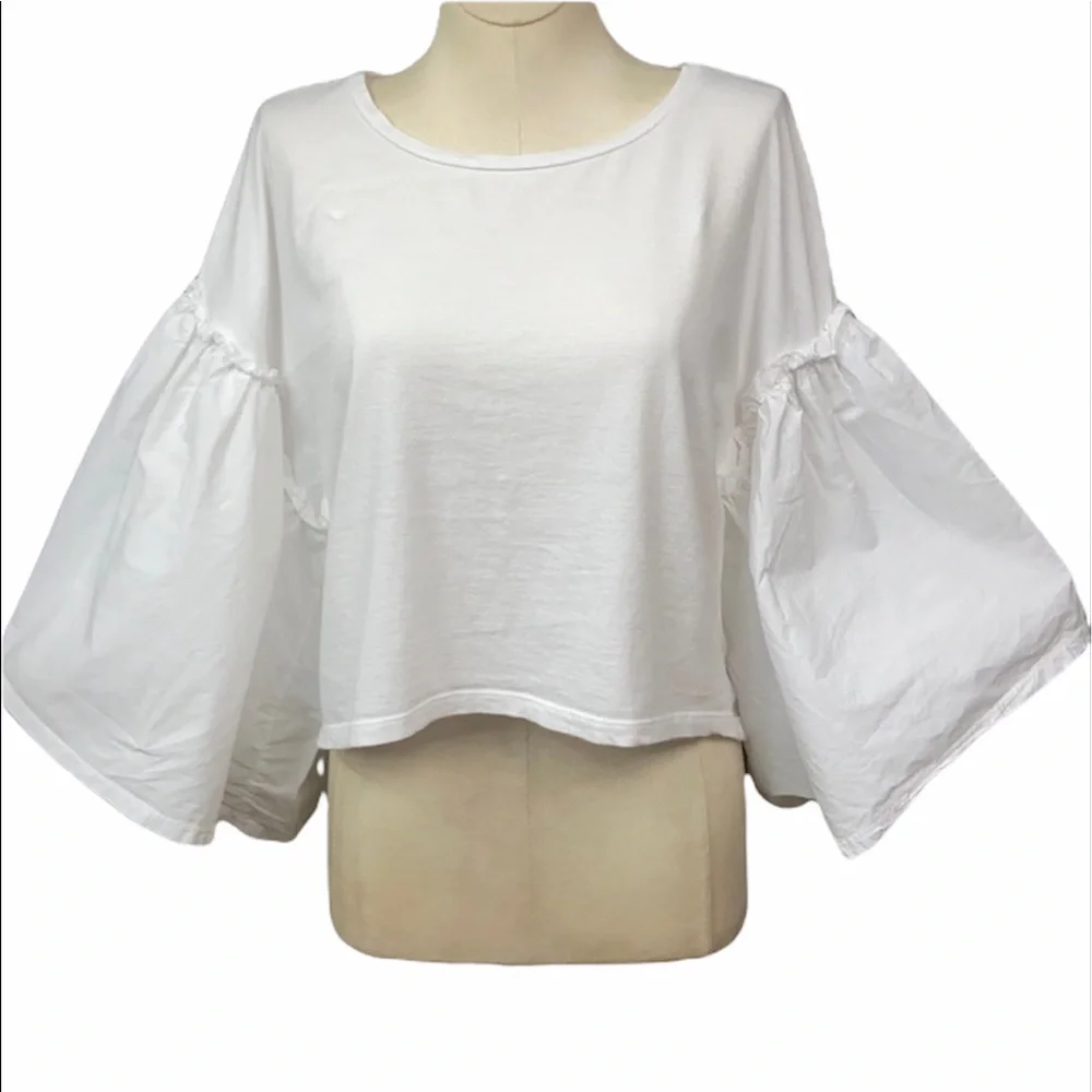 Zara Wide Bell Sleeve Cropped White Tee T-shirt - Picture 1 of 5